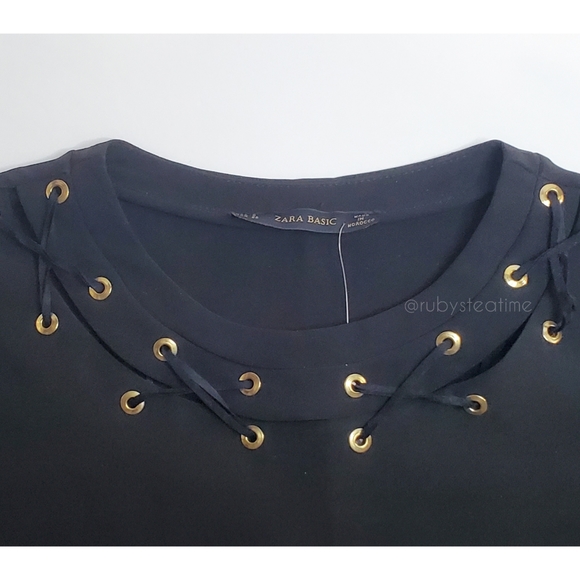 ZARA Criss Cross / Cut Out Neckline, Black Shift Dress with Gold/Brass Hardware - Picture 4 of 7